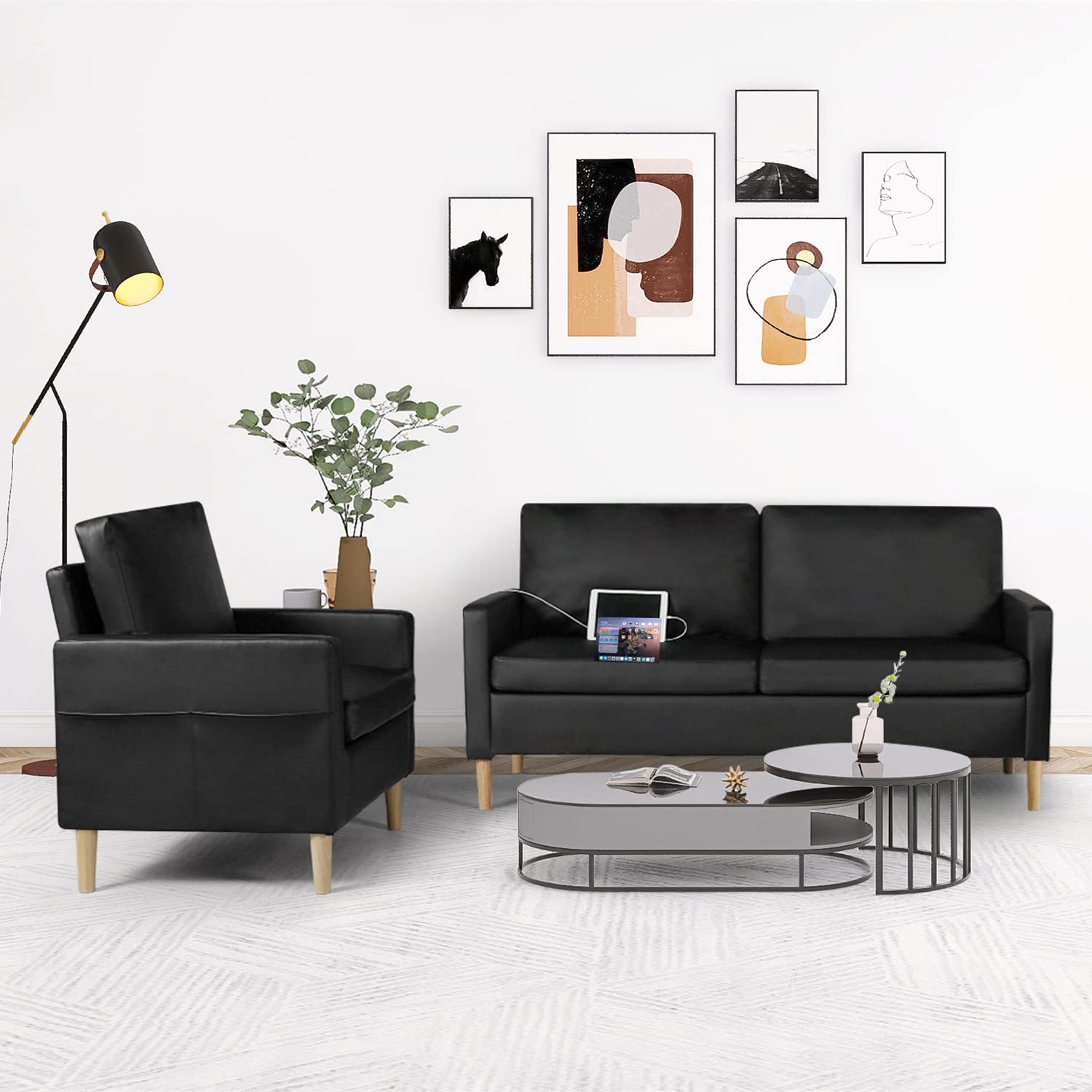 AILEEKISS Mid-Century Sectional Sofa Sets 2 Pieces Faux Leather Loveseat Couches with 2 USB Living Room Furniture Accent Arm Chairs for Small Space, Apartment, Office (Black, 1-Seater+3-Seater)