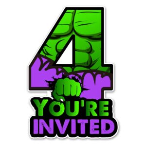 20 super hero 4th birthday party invitations with envelopes double sided green superhero shaped fill-in invitations invites for 4 year old