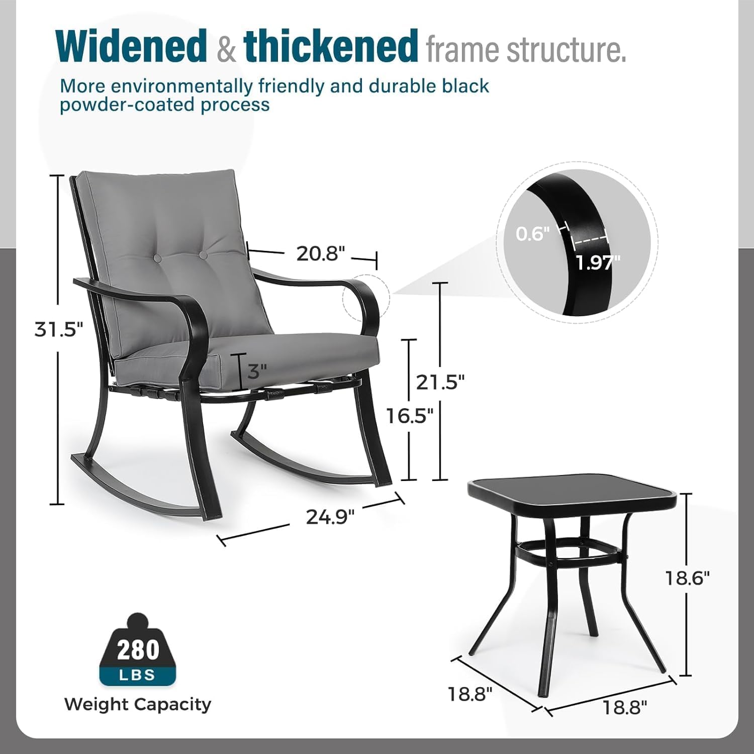 SUNCROWN Outdoor 3-Piece Rocking Chairs Patio Bistro Set Black Steel Furniture with Thickened Cushion and Glass-Top Coffee Table, Grey