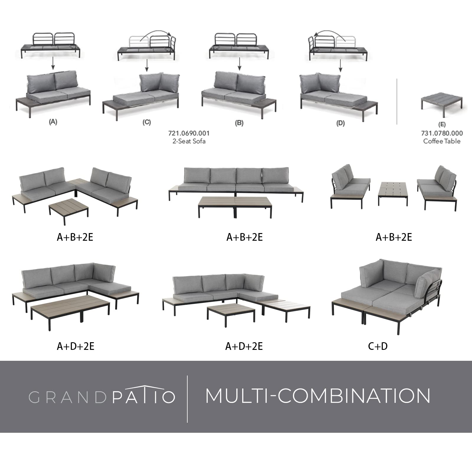 Grand patio Outdoor Sectional Sofa Set, Aluminum Frame Conversation Set with Cushion & Woodgrain Built-in Side Coffee Table, 4-Piece Modern Furniture Set for Poolside, Backyard, Deck