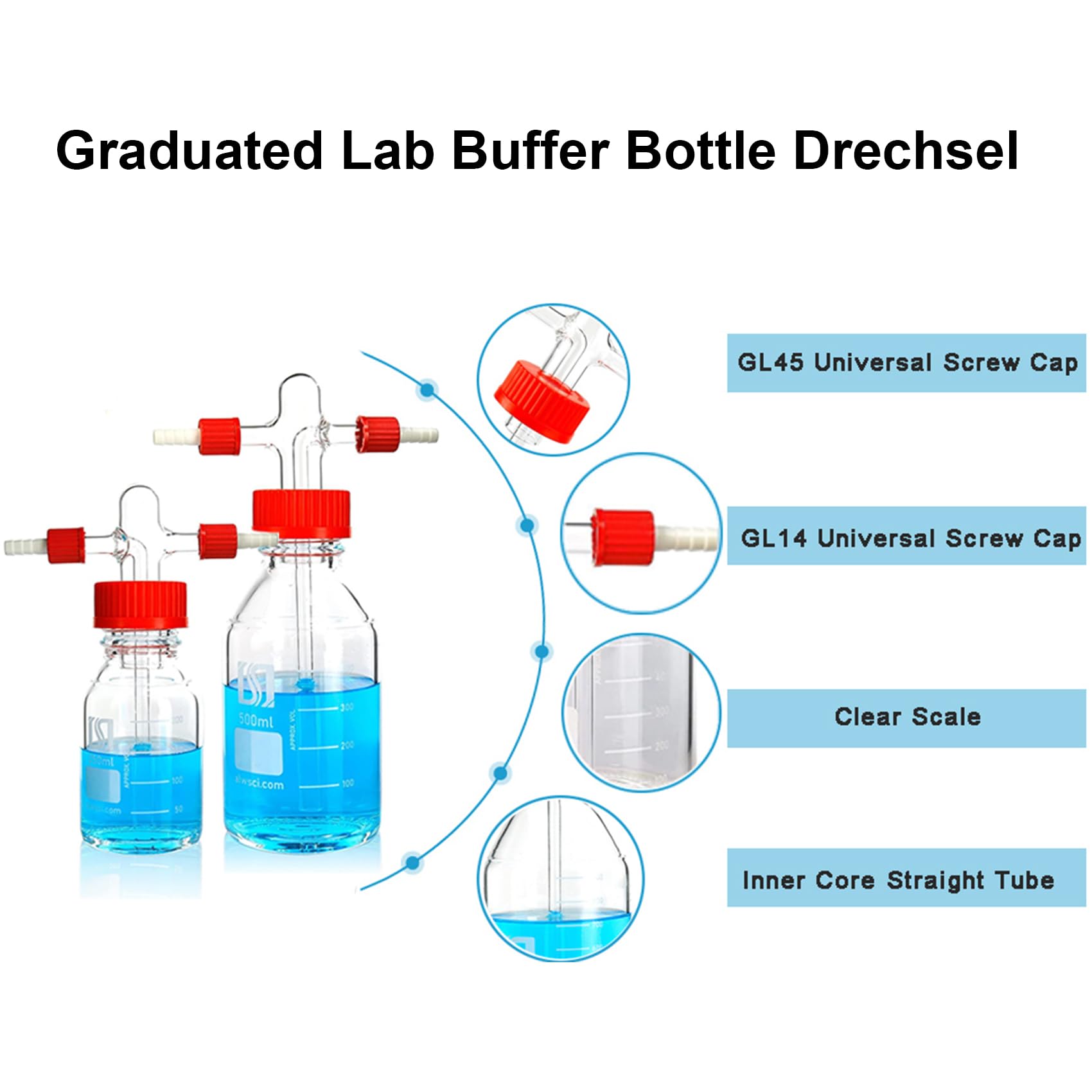 ALWSCI Lab Gas Washing Bottle Glass 1000mL Graduated Lab Buffer Bottle, Drechsel Head GL45 with Filter disc Adjustable Immersion, 2 threads GL14 PBT Red Screw Cap, 1set