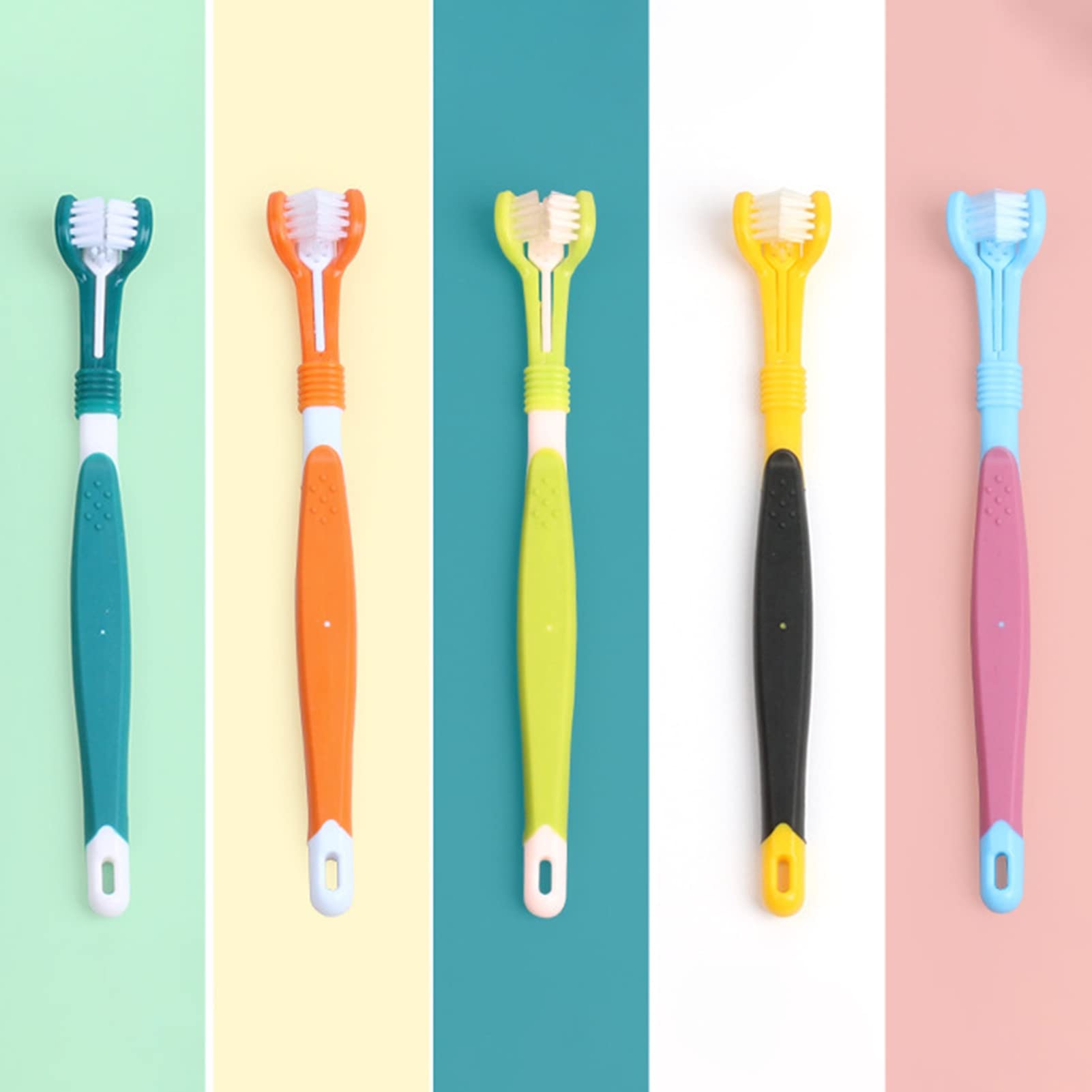 Dog Toothbrush Soft Bristles Non-Slip Handle Dental Care Plastic Three Sided Oral Cleaning Toothbrush for Home Atrovirens