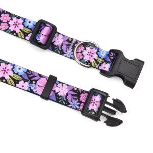 Mihqy Dog Collar and Leash Set with Bohemia Floral Tribal Geometric Patterns - Soft Ethnic Style Collar Adjustable for Small Medium Large Dogs(Pink Floral Set,S)