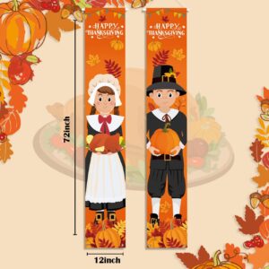 Thanksgiving Decorations Pilgrim Boy and Girl Front Porch Door Sign, Happy Thanksgiving Banner Fall Harvest Front Door Banners for Autumn Thanksgiving Harvest Party Supplies Decorations