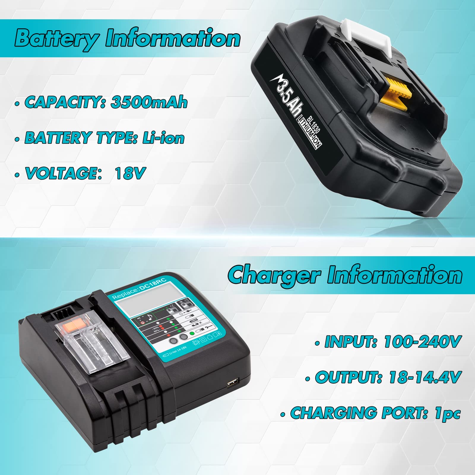 Bonadget 1Pack 3.5Ah 18V Replacement Battery for Makita and 14.4V-18V Battery Charger Combo for Makita LXT 18Volt Battery and Charger BL1860 BL1830 BL1850 BL1815N BL1840 BL1830B BL1860B Tools Battery