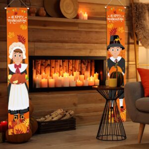 Thanksgiving Decorations Pilgrim Boy and Girl Front Porch Door Sign, Happy Thanksgiving Banner Fall Harvest Front Door Banners for Autumn Thanksgiving Harvest Party Supplies Decorations