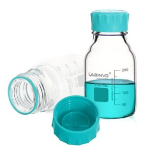 labinvo glass round media storage bottles, 6pcs of vol.250ml, 3.3 borosilicate glass material, with gl45 polypropylene screw cap in aqua blue color, type b cap,in-rb250b