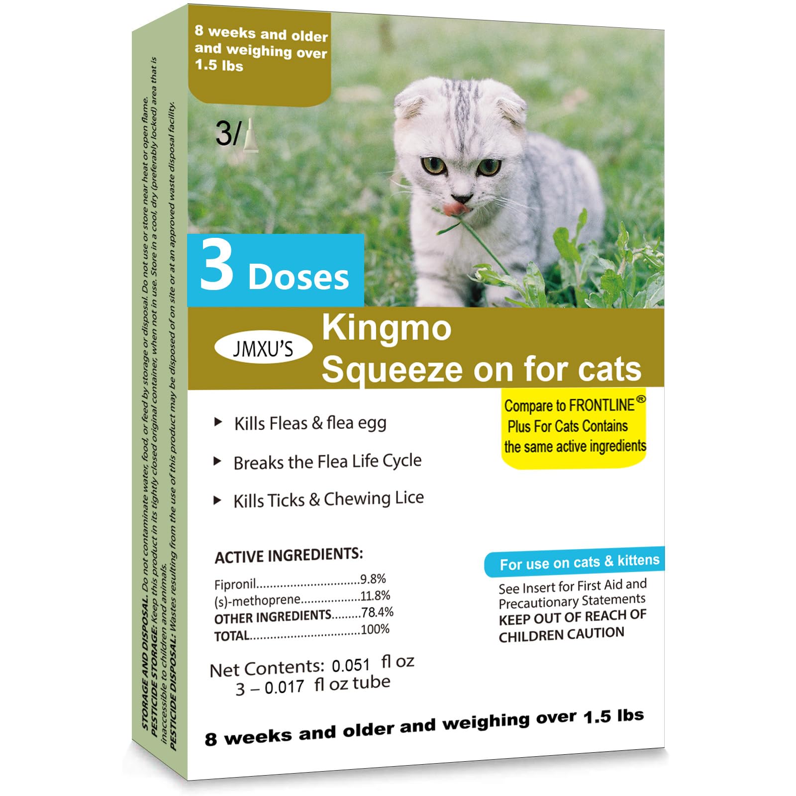 Flea and Tick Prevention for Cats, Cat Flea & Tick Treatment with Fipronil, Long-Lasting & Fast-Acting Topical Flea & Tick Control Drops for Kitten, 3 Doses