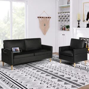 AILEEKISS Mid-Century Sectional Sofa Sets 2 Pieces Faux Leather Loveseat Couches with 2 USB Living Room Furniture Accent Arm Chairs for Small Space, Apartment, Office (Black, 1-Seater+3-Seater)