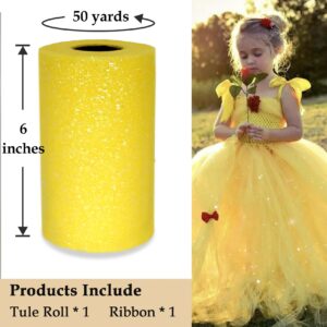 Luceinvita Glitter Tulle Fabric, 6 Inch by 50 Yards (150ft) Sequin Tulle Roll for Tutu Gift Wrapping Wedding Decoration DIY Crafts Party Backdrop (Yellow)