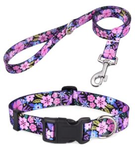 mihqy dog collar and leash set with bohemia floral tribal geometric patterns - soft ethnic style collar adjustable for small medium large dogs(pink floral set,s)