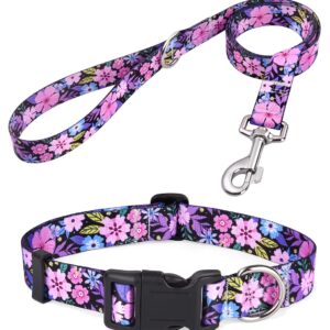 Mihqy Dog Collar and Leash Set with Bohemia Floral Tribal Geometric Patterns - Soft Ethnic Style Collar Adjustable for Small Medium Large Dogs(Pink Floral Set,S)