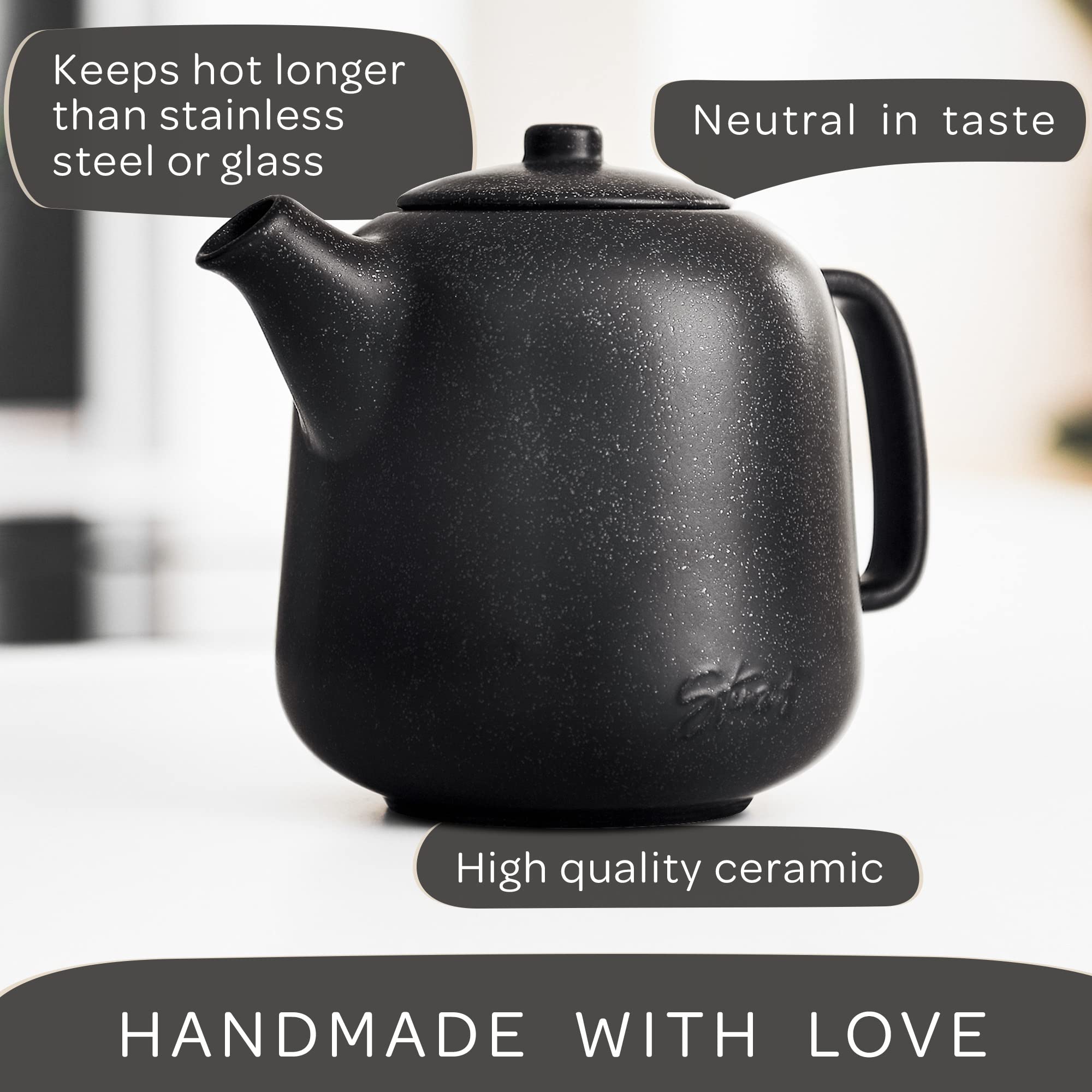 Steinzeit Design Tea Pot (44 oz) - Premium Ceramic Teapot with Infuser for Loose Tea - Black Teapot Ceramic with Removable Strainer