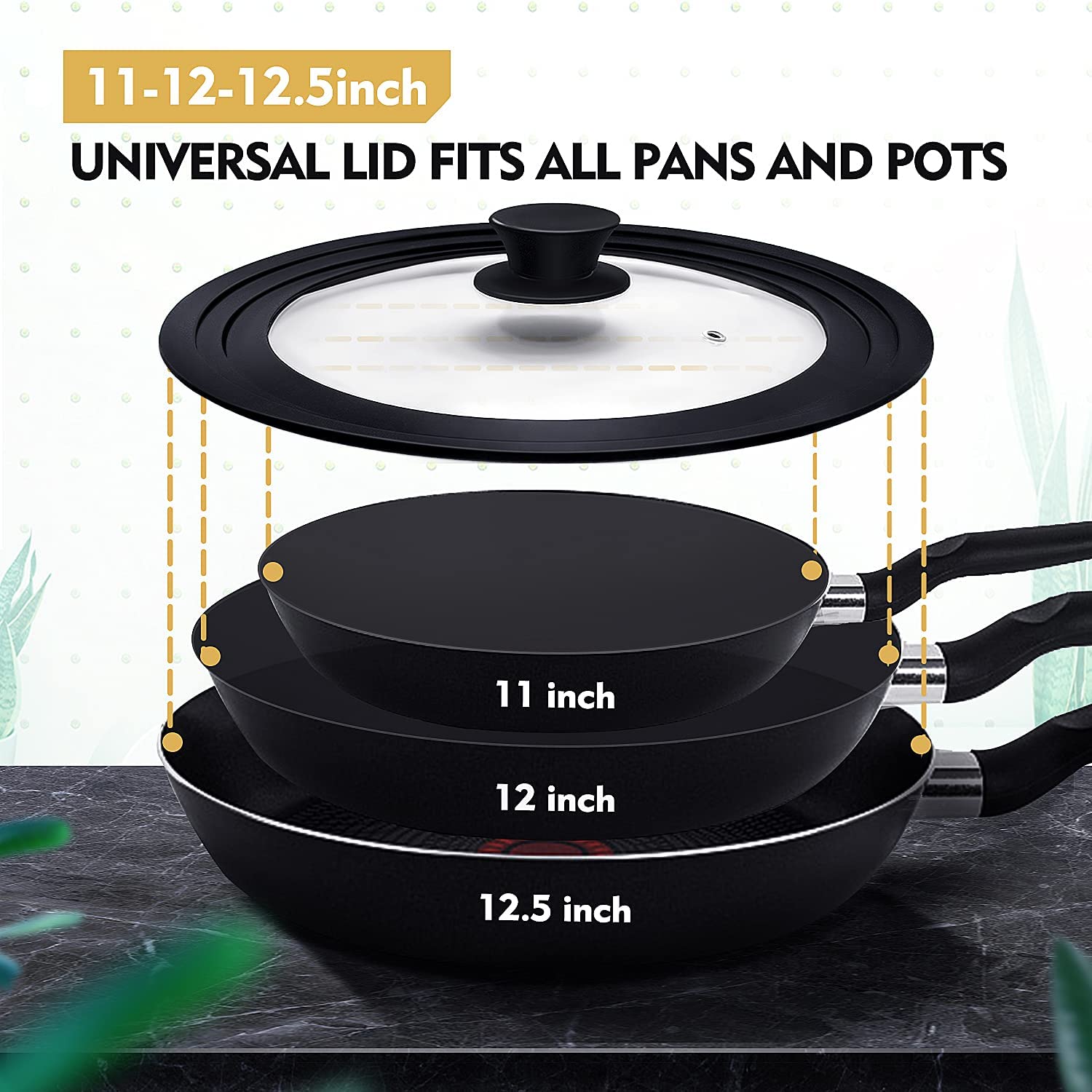 Ydeapi 2 Pack Universal Lids - Silicone Lids For Pots and Pans, Fits 7.5" 8.5" 9.5" & 10" 11" 12 inch Diameter Cookware, Tempered Glass with Heat Resistant Silicone Rim, Dishwasher Safe