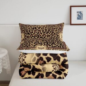 Brown Leopard Print Comforter Set Full Size,Kids Girls Woman Novelty Room Decor,Abstract Wild Animal Skin Down Comforter,Paisley Floral Boho Bedding Set,Rustic Retro Duvet Insert,2 Pillowcases