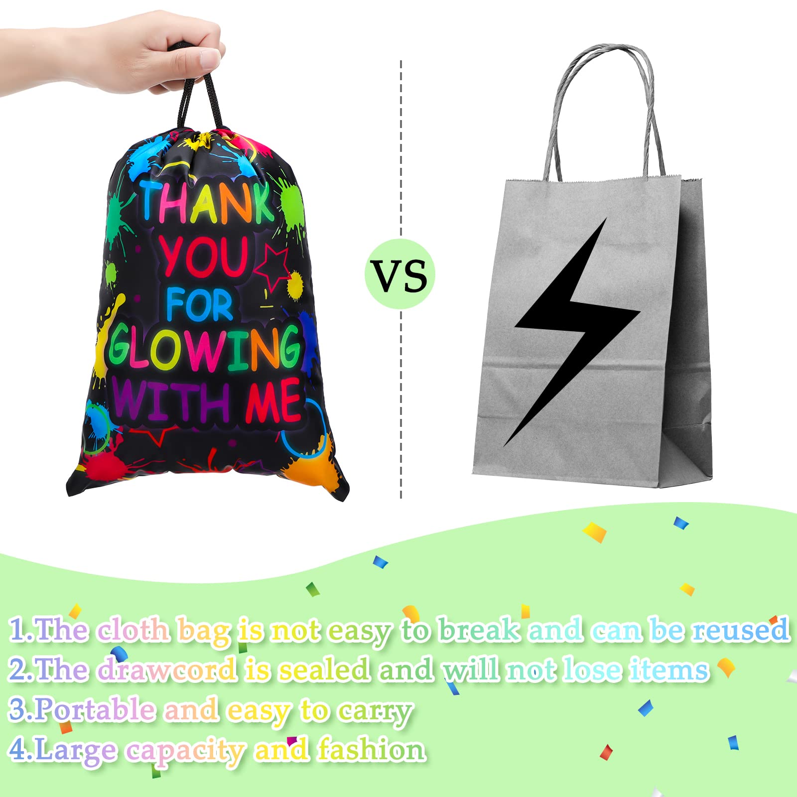 Sadnyy Let's Glow Drawstring Bags Glow Party Supplies Favor Gift Bags Neon Pouch for Retro 80s 90s Theme Party Decorations(24 Pieces)