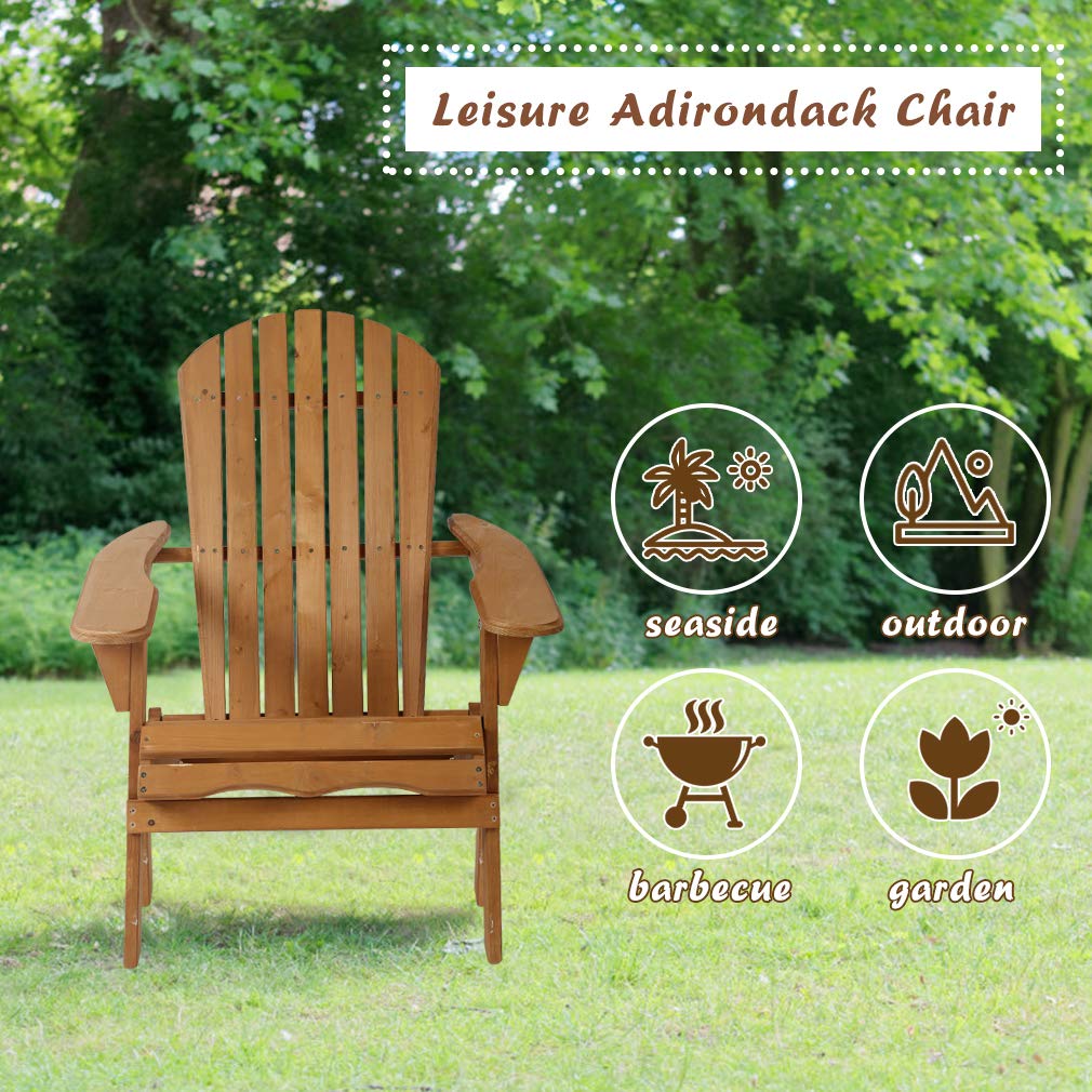 Adirondack Chair Patio Outdoor Chairs Folding Weather Resistant Lawn Chair w/Arms Solid Wood Recliner Fire Pit Chair for Deck, Backyard, Pool, Set of 2