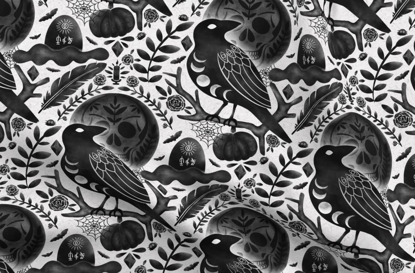 Spoonflower Fabric - Dark Halloween Night Raven Magic Feather Gothic Bats Skull Printed on Petal Signature Cotton Fabric Fat Quarter - Sewing Quilting Apparel Crafts Decor