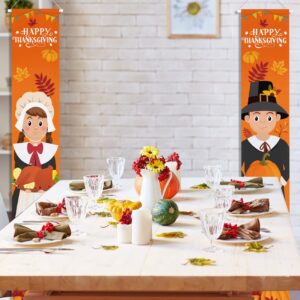 Thanksgiving Decorations Pilgrim Boy and Girl Front Porch Door Sign, Happy Thanksgiving Banner Fall Harvest Front Door Banners for Autumn Thanksgiving Harvest Party Supplies Decorations