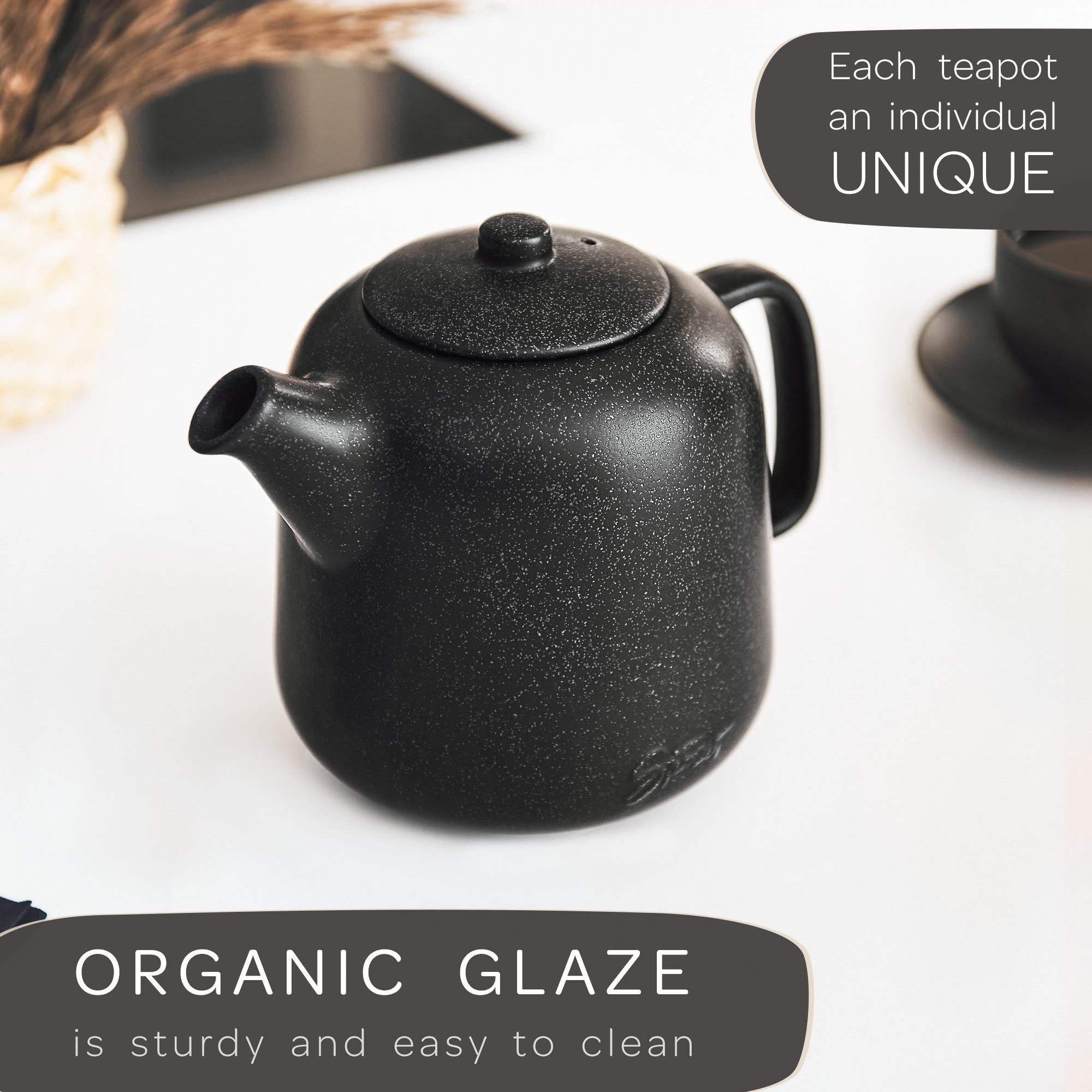 Steinzeit Design Tea Pot (44 oz) - Premium Ceramic Teapot with Infuser for Loose Tea - Black Teapot Ceramic with Removable Strainer