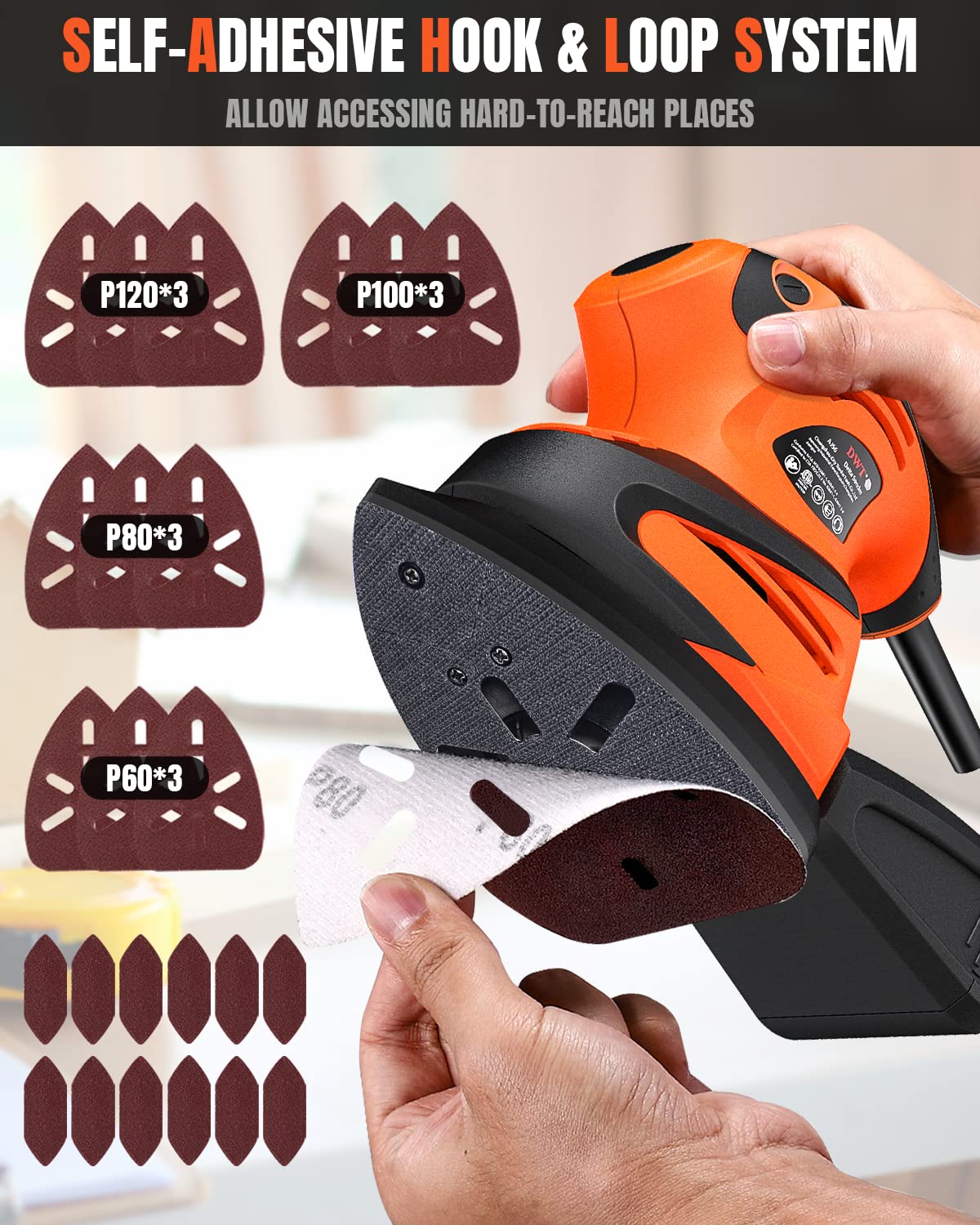 DWT Detail Sander, 1.5A 15000 OPM Electric Sander with 24pcs Sandpapers, Efficient Dust Collection System & Detail Finger Attachment, Soft Grip Handle, Compact Hand Sander for Woodworking