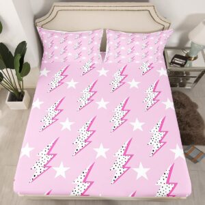 Lightning Flash Print Kids Fitted Sheet Twin Size,Boys Girls Adults Bedroom Decor,Abstract Stars Polka Dots Bed Cover,Stylish Chic Bedding Set,Pink Romantic Bed Sheet,1 Pillowcase