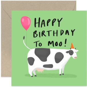 old english co. cow birthday card for him - humorous cow pun birthday card for her and him | happy birthday to moo | blank inside & envelope included