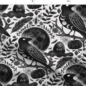 Spoonflower Fabric - Dark Halloween Night Raven Magic Feather Gothic Bats Skull Printed on Petal Signature Cotton Fabric Fat Quarter - Sewing Quilting Apparel Crafts Decor