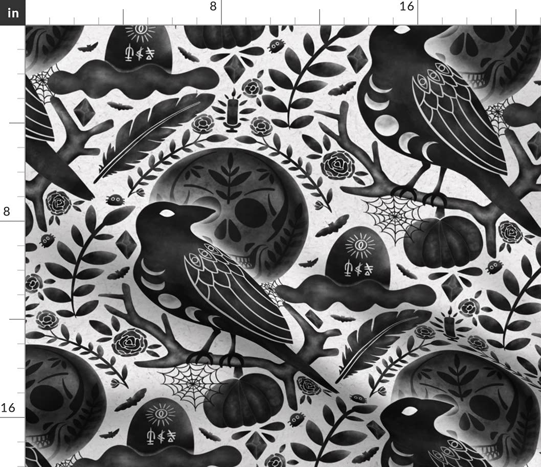 Spoonflower Fabric - Dark Halloween Night Raven Magic Feather Gothic Bats Skull Printed on Petal Signature Cotton Fabric Fat Quarter - Sewing Quilting Apparel Crafts Decor