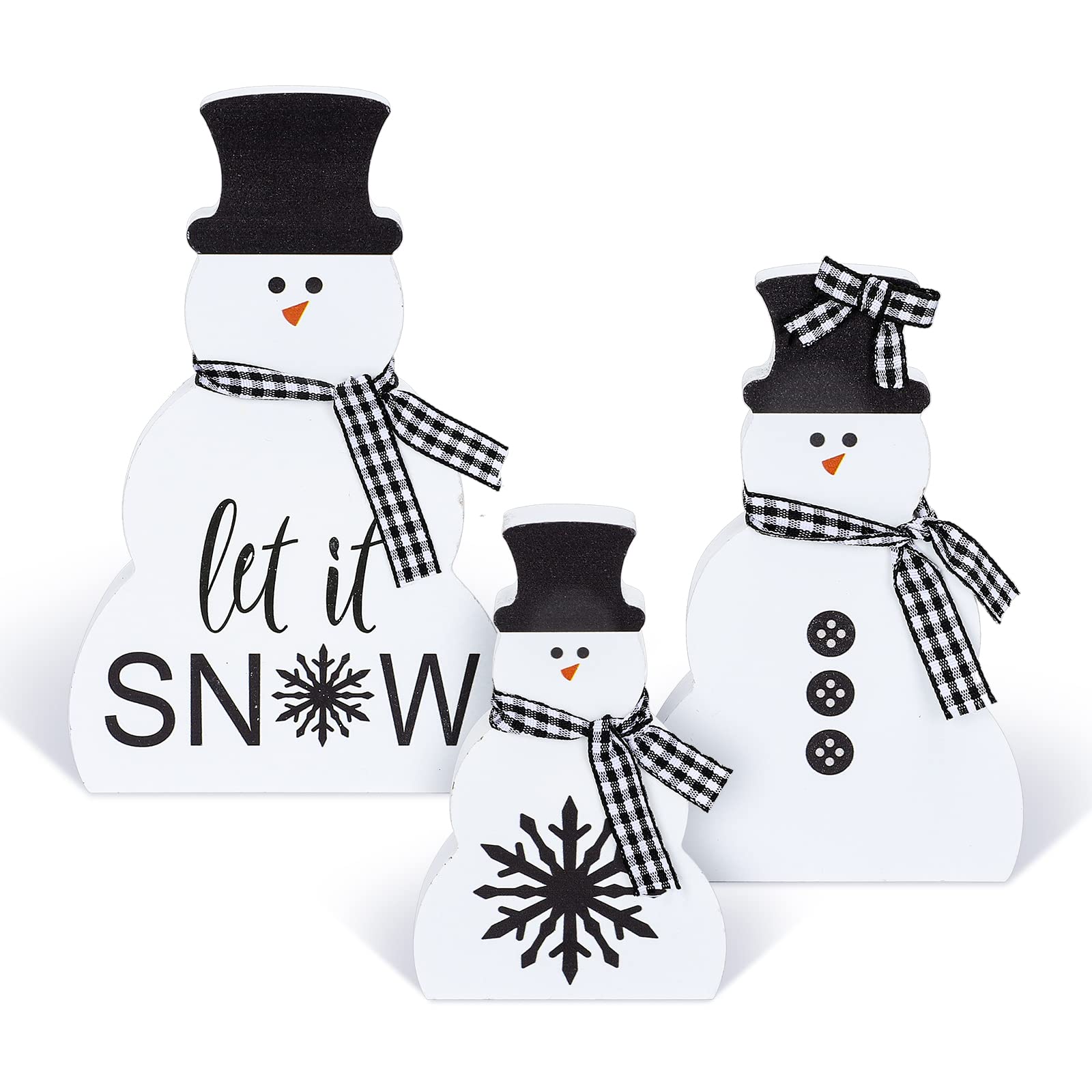 Whaline 3Pcs Christmas Snowman Wooden Decorations Black White Snowman Wood Centerpiece with Plaid Ribbon Xmas Tiered Tray Decor Rustic Snowman Blocks for Xmas Home Mantel Fireplace Tabletop Decor