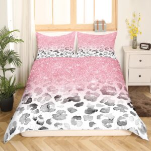 Leopard Print Duvet Cover Set Twin Size,Kids Girls Woman Feminine Room Decor,Pink Glitter Starry Romantic Comforter Cover,Cheetah Skin Abstract Bedding Set,Fashion Glamorous Quilt Cover,1 Pillowcase