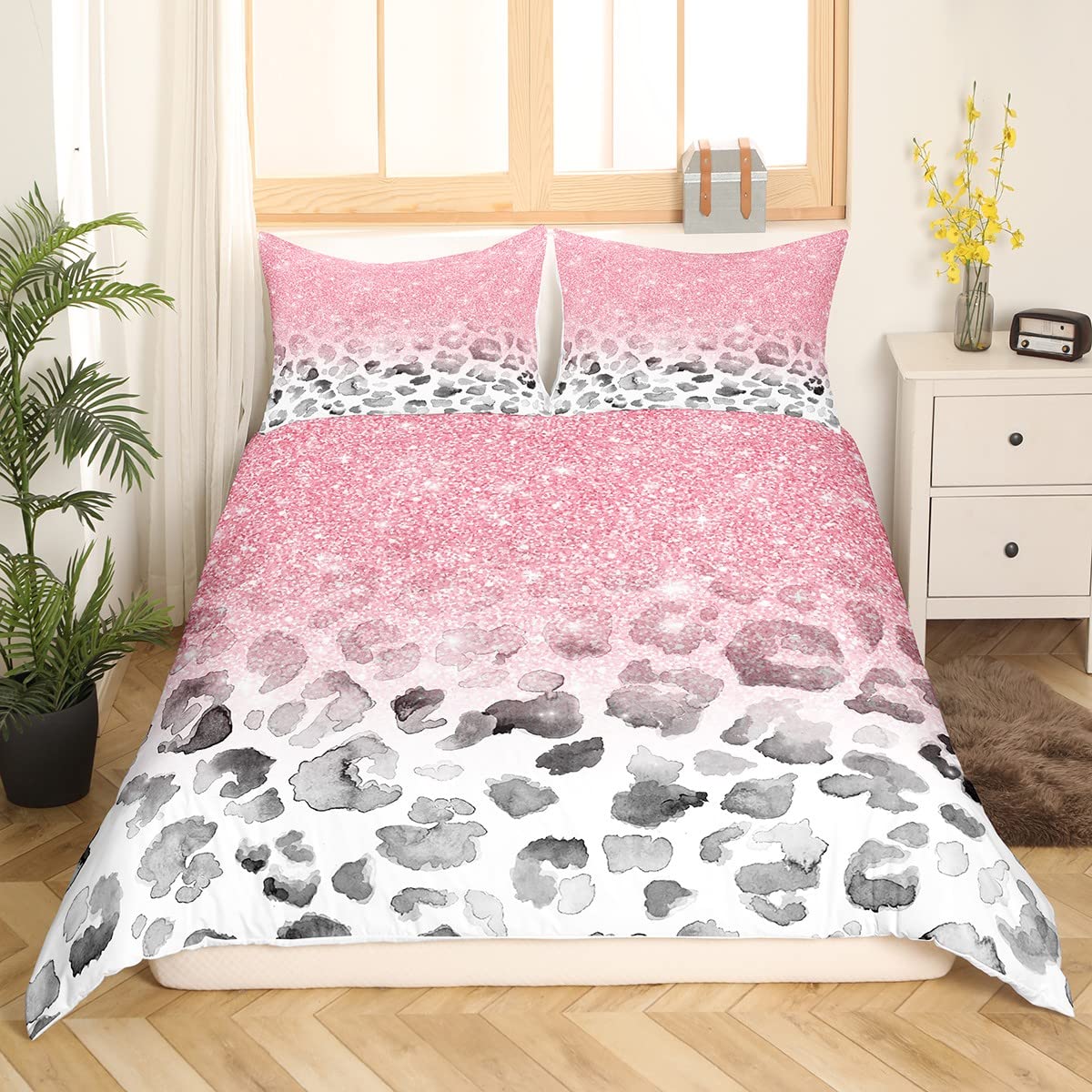 Leopard Print Duvet Cover Set Twin Size,Kids Girls Woman Feminine Room Decor,Pink Glitter Starry Romantic Comforter Cover,Cheetah Skin Abstract Bedding Set,Fashion Glamorous Quilt Cover,1 Pillowcase