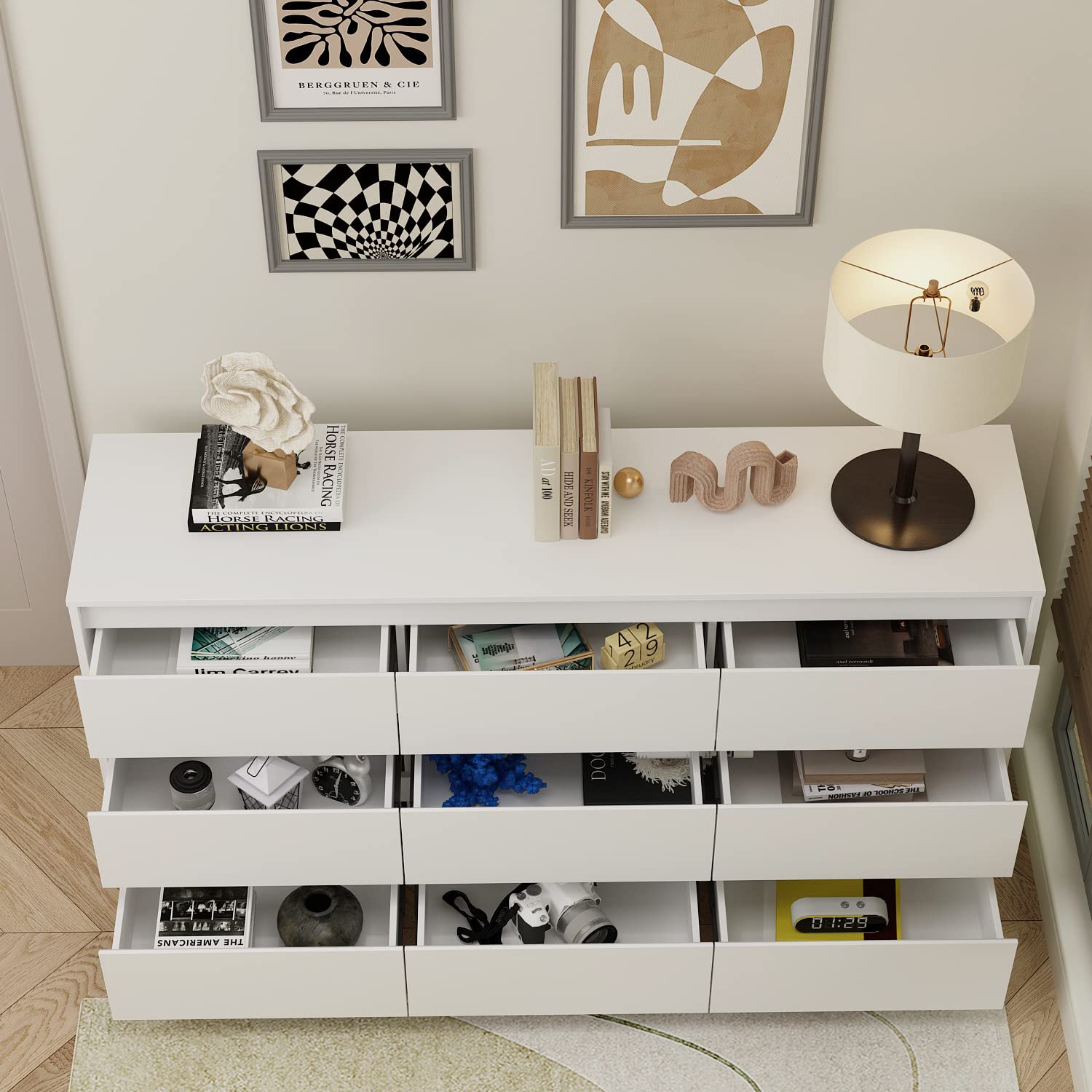 Homsee 9 Drawers Double Dresser, Modern Wood Dresser Chest of Drawers with Large Storage Space for Bedroom, White (63”L x 15.7”W x 31.5”H)