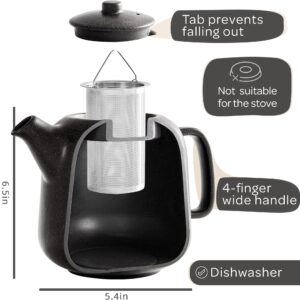 Steinzeit Design Tea Pot (44 oz) - Premium Ceramic Teapot with Infuser for Loose Tea - Black Teapot Ceramic with Removable Strainer