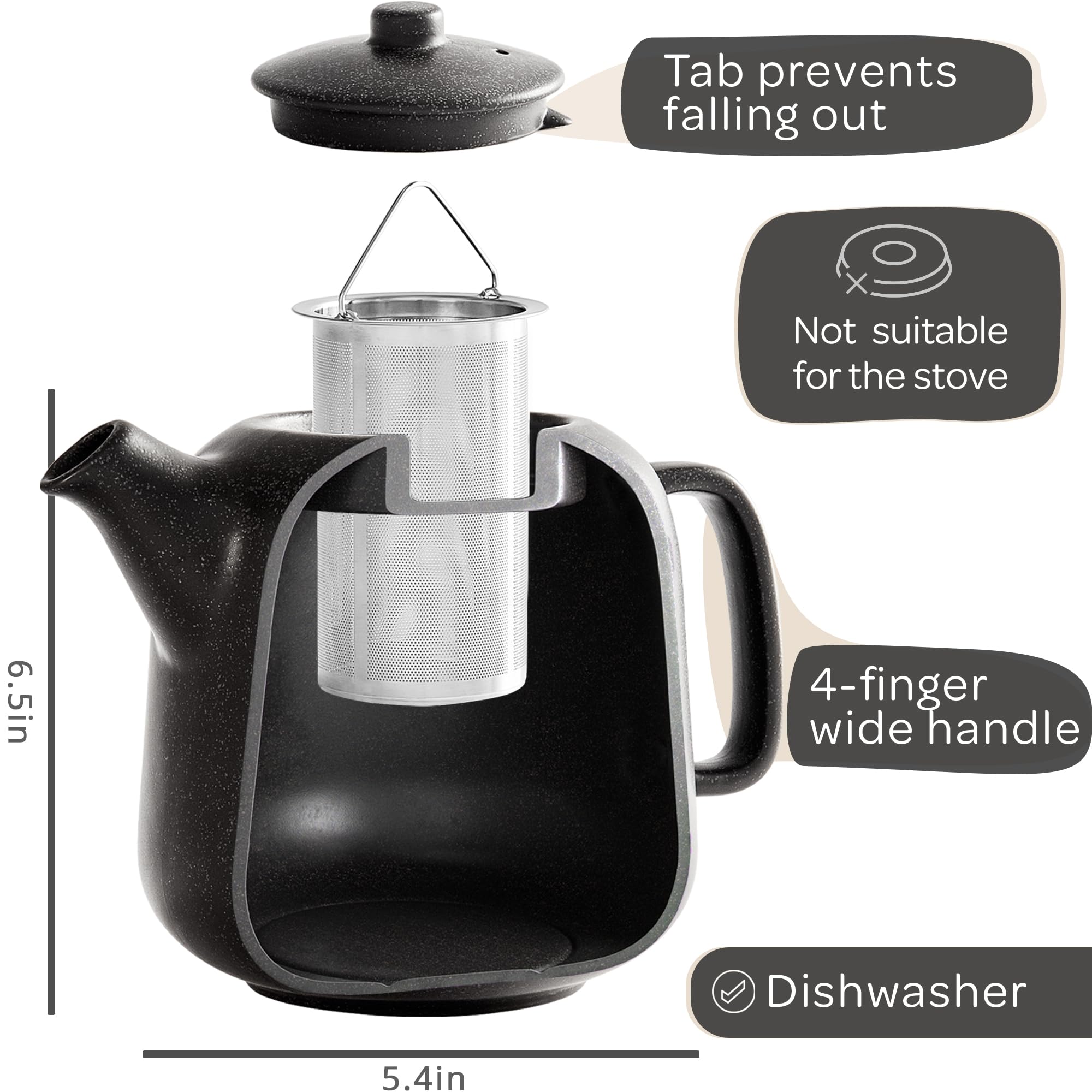 Steinzeit Design Tea Pot (44 oz) - Premium Ceramic Teapot with Infuser for Loose Tea - Black Teapot Ceramic with Removable Strainer