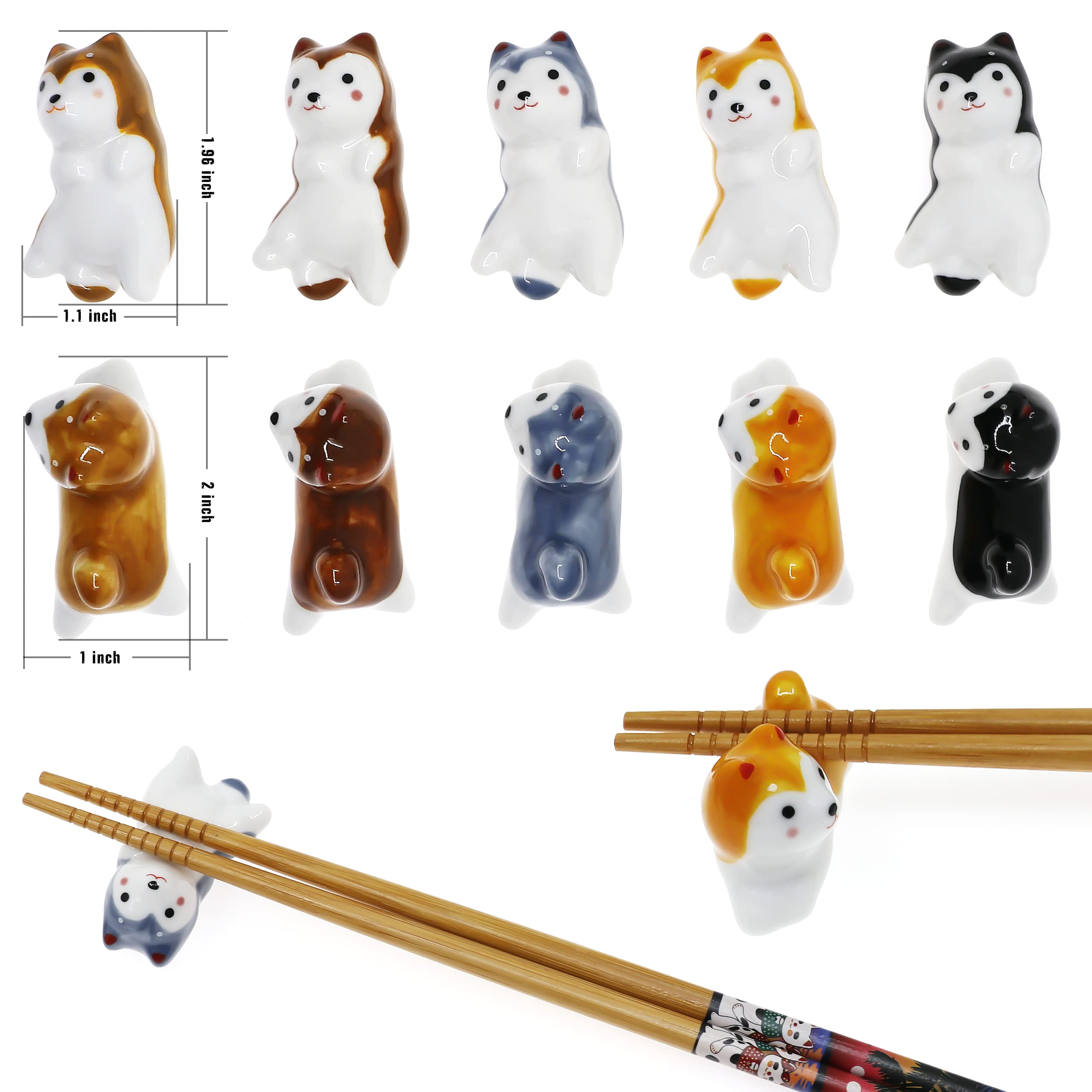 10 Pcs Cute Lucky Cat Chopsticks Holder Japanese Style Ceramic Cat Chopstick Rest Set Dinner Spoon Stand Knife Fork Holder (Dog)