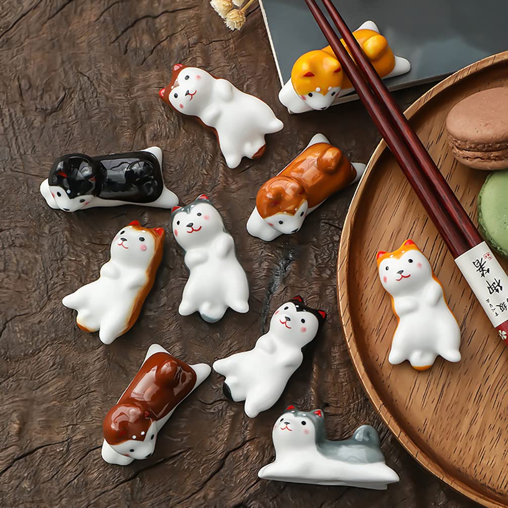 10 Pcs Cute Lucky Cat Chopsticks Holder Japanese Style Ceramic Cat Chopstick Rest Set Dinner Spoon Stand Knife Fork Holder (Dog)