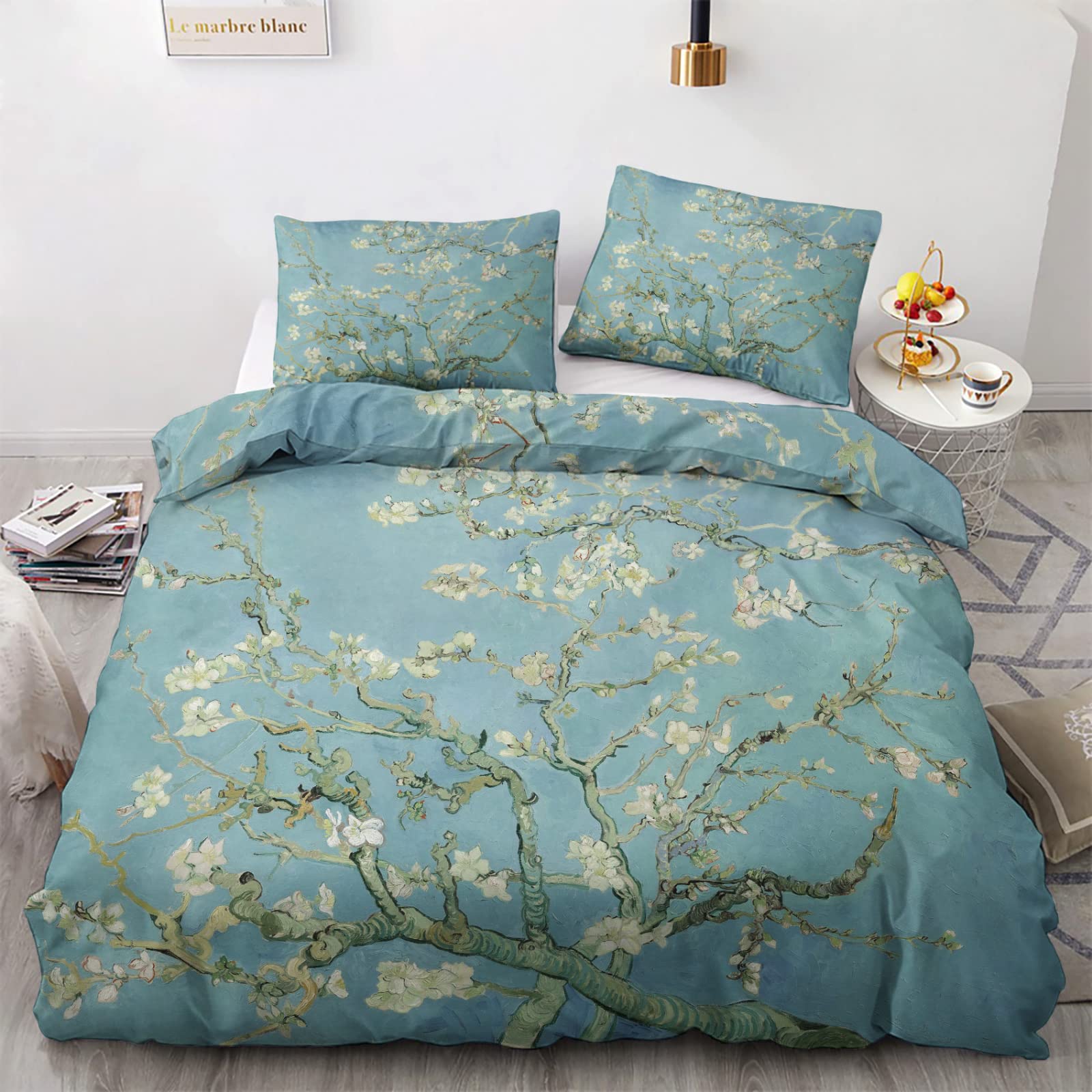 zcsm Van Gogh Duvet Cover King - Almond Blossom Bedding Set with 2 Pillow Shams - Reversible Patterned Comforter Cover Set with Zipper Closure and Ties - Soft Lightweight Microfiber