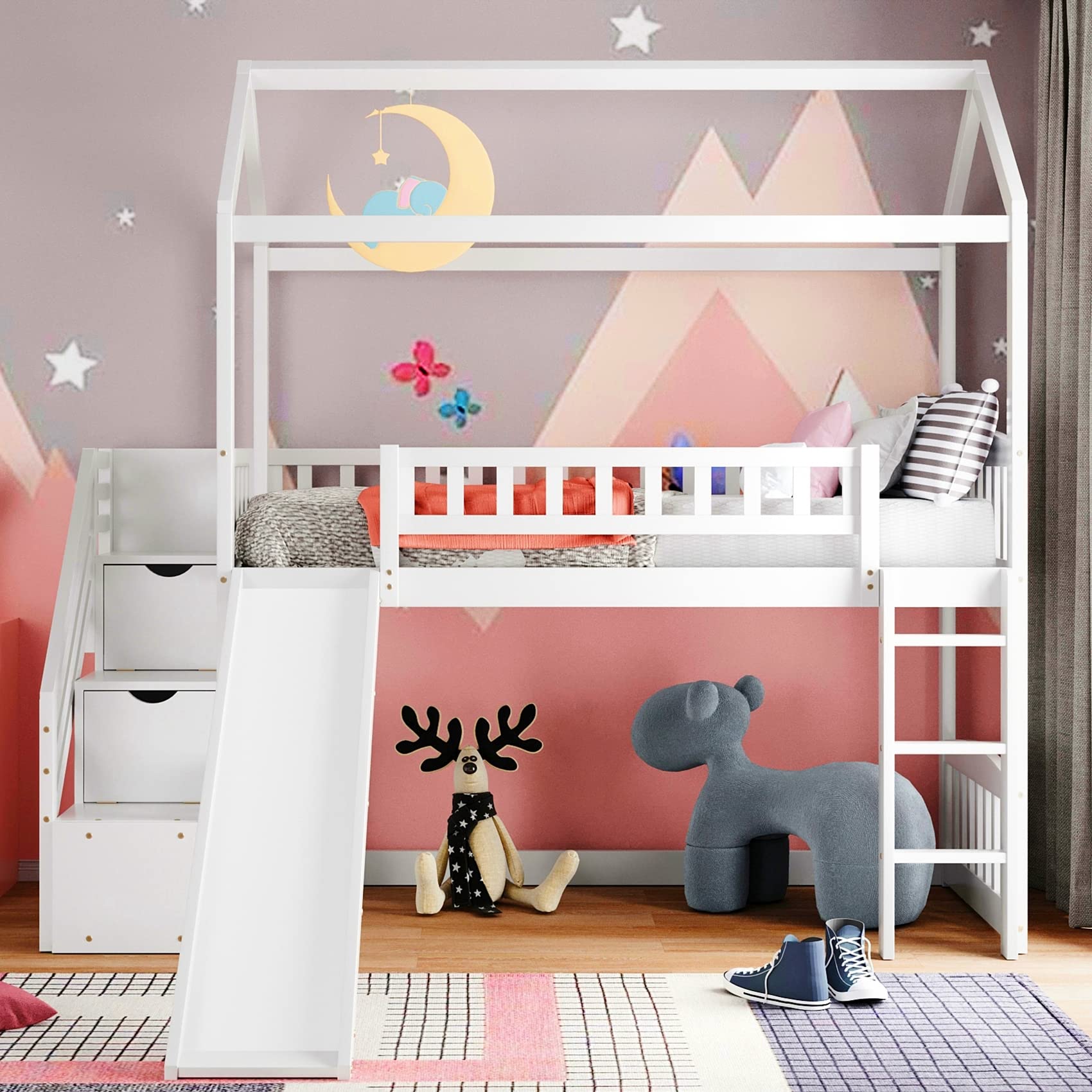 Harper & Bright Designs Loft Bed with Stairs and Slide, House Loft Bed Twin Size with Step Storage Drawers Stairway Playhouse Bed for Kids Toddlers Girls, Boys, No Box Spring Needed (Twin, White)