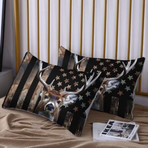 HOSIMA Deer Hunting Camo Bedding,Hunter Bedding Set American Flag Fitted Sheet Set Queen Size for Adult Teen Boy Bedroom Decor,1 Fitted Sheet+2 Pillowcases.