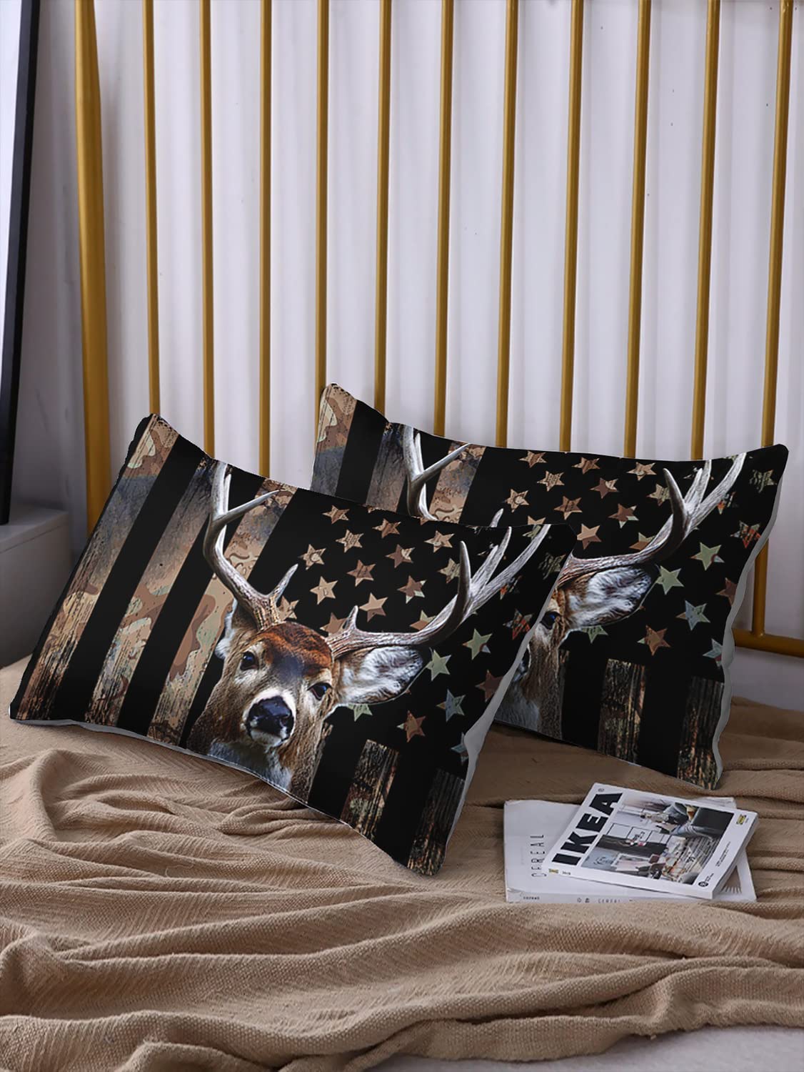 HOSIMA Deer Hunting Camo Bedding,Hunter Bedding Set American Flag Fitted Sheet Set Queen Size for Adult Teen Boy Bedroom Decor,1 Fitted Sheet+2 Pillowcases.