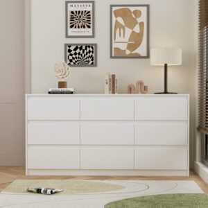 Homsee 9 Drawers Double Dresser, Modern Wood Dresser Chest of Drawers with Large Storage Space for Bedroom, White (63”L x 15.7”W x 31.5”H)