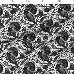 Spoonflower Fabric - Dark Halloween Night Raven Magic Feather Gothic Bats Skull Printed on Petal Signature Cotton Fabric Fat Quarter - Sewing Quilting Apparel Crafts Decor