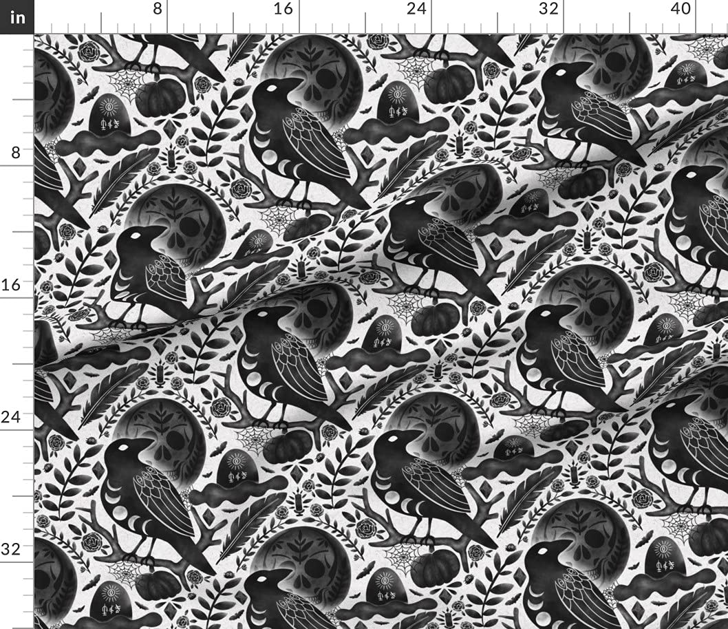 Spoonflower Fabric - Dark Halloween Night Raven Magic Feather Gothic Bats Skull Printed on Petal Signature Cotton Fabric Fat Quarter - Sewing Quilting Apparel Crafts Decor