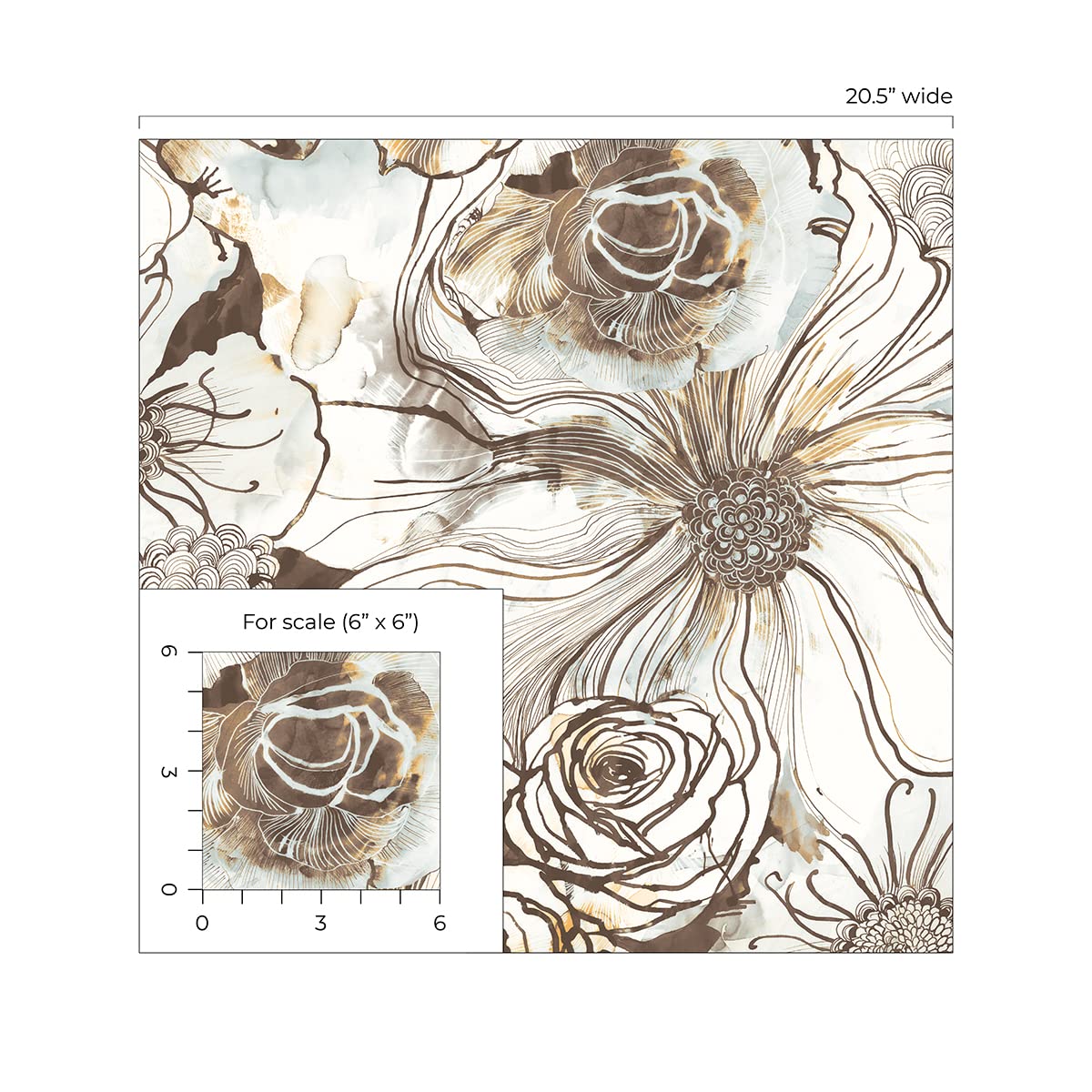 NextWall Harry & Grace Ink Rose Abstract Floral Peel and Stick Wallpaper (Mocha & Blue Mist)