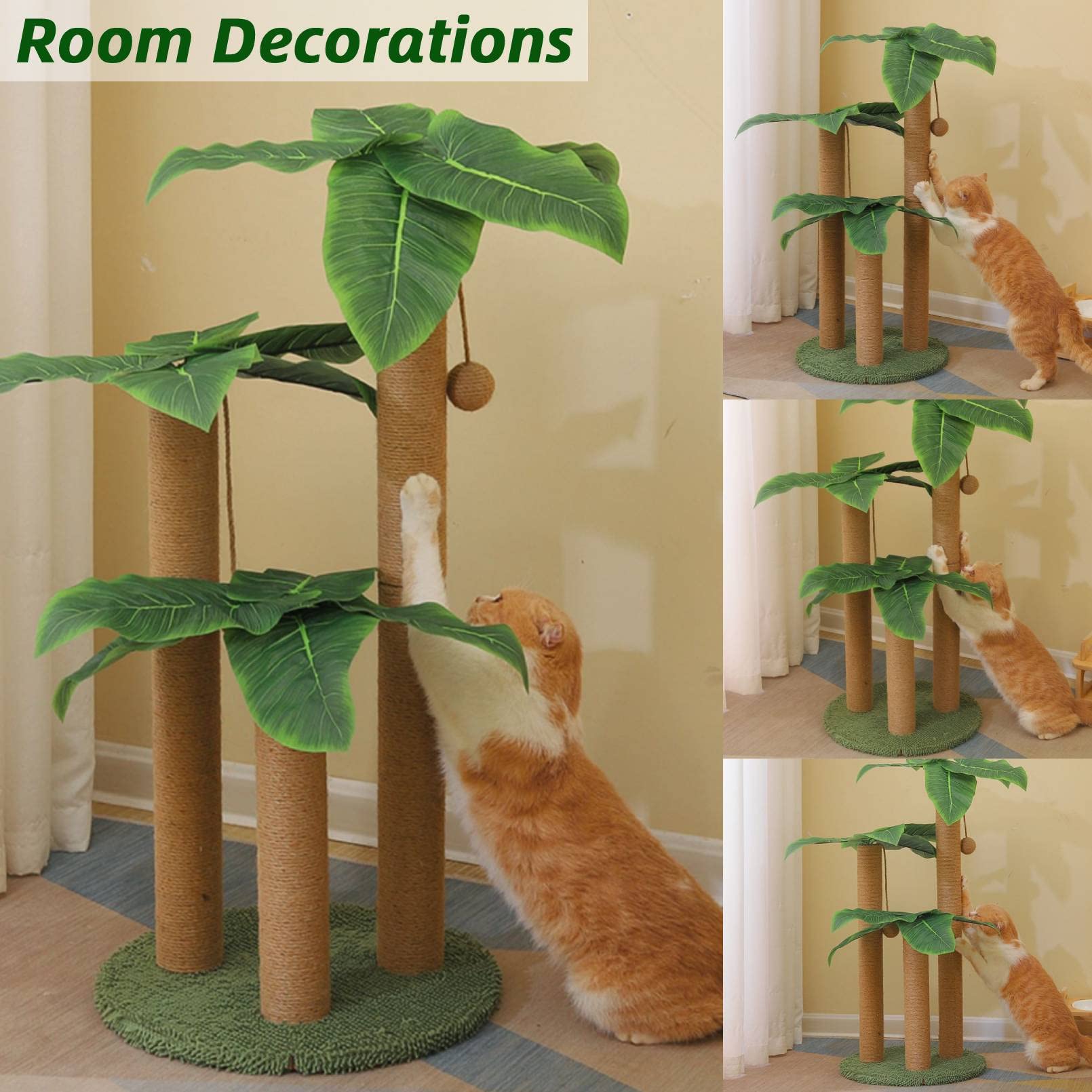 Fhiny 35.4"Tall Cat Scratching Post, Cat Scratcher with 3 Scratching Poles for Adult Kitten Scratching Tree Hanging Ball Toy Cute Canna Vertical Kitty Activity Center for Indoor Large Cat Kitty Rabbit