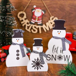 Whaline 3Pcs Christmas Snowman Wooden Decorations Black White Snowman Wood Centerpiece with Plaid Ribbon Xmas Tiered Tray Decor Rustic Snowman Blocks for Xmas Home Mantel Fireplace Tabletop Decor