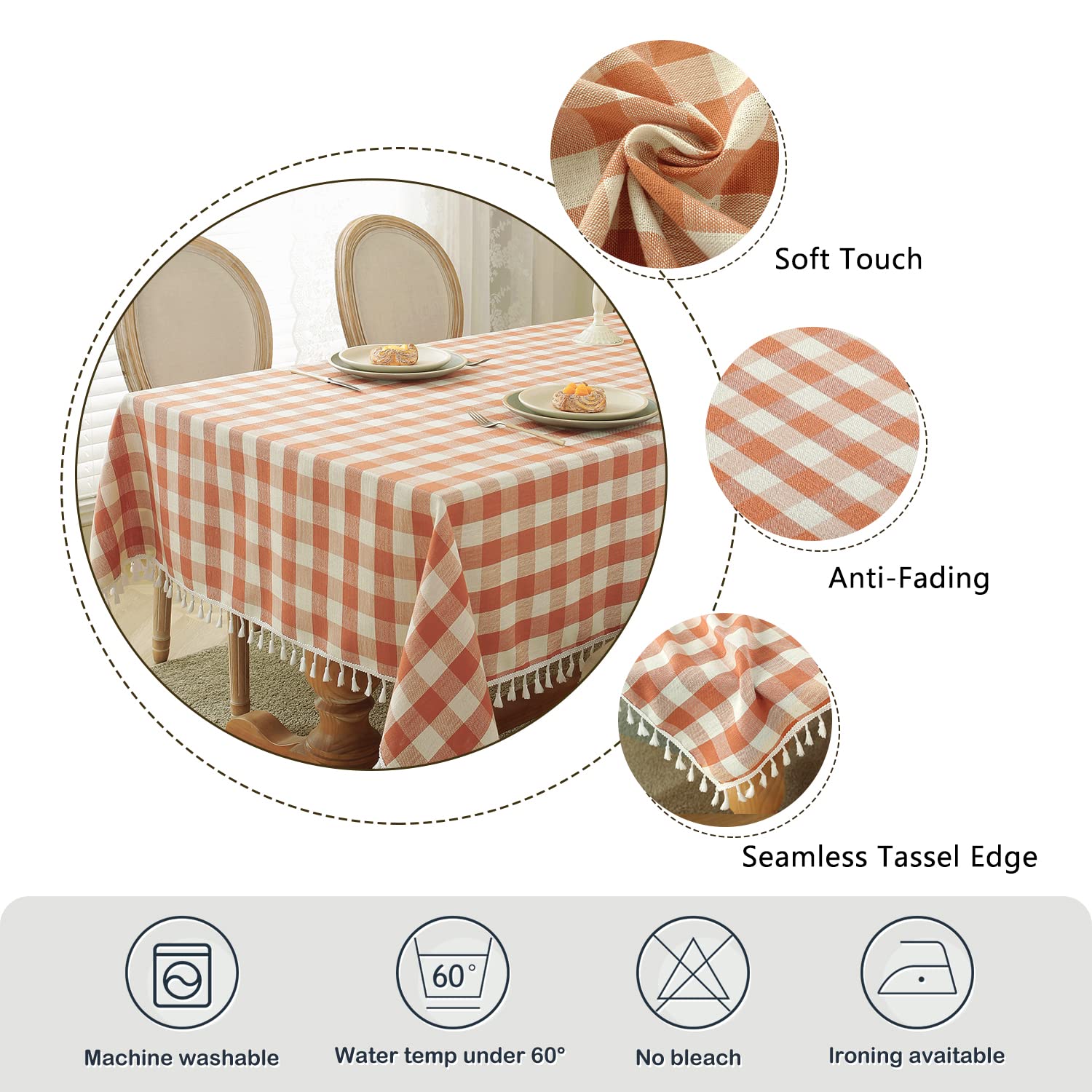 Laolitou Checkered Thanksgiving Tablecloth Rectangle Washable Buffalo Plaid Fall Table Cloth with Tassel Cotton Linen Gingham Table Cover for Dining Room, Orange, Rectangle, 55''x70'', 4-6 Seats