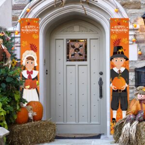 Thanksgiving Decorations Pilgrim Boy and Girl Front Porch Door Sign, Happy Thanksgiving Banner Fall Harvest Front Door Banners for Autumn Thanksgiving Harvest Party Supplies Decorations