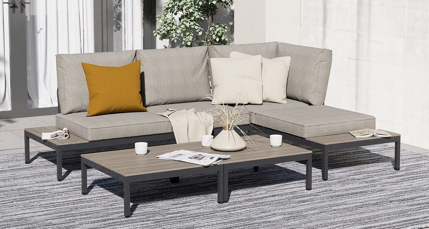 Grand patio Outdoor Sectional Sofa Set, Aluminum Frame Conversation Set with Cushion & Woodgrain Built-in Side Coffee Table, 4-Piece Modern Furniture Set for Poolside, Backyard, Deck